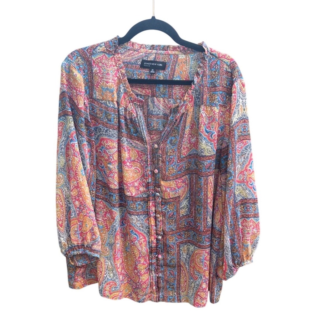 Jones New York Woman Paisley Print Button Front Blouse 2X Pink Blue 3/4 Sleeve